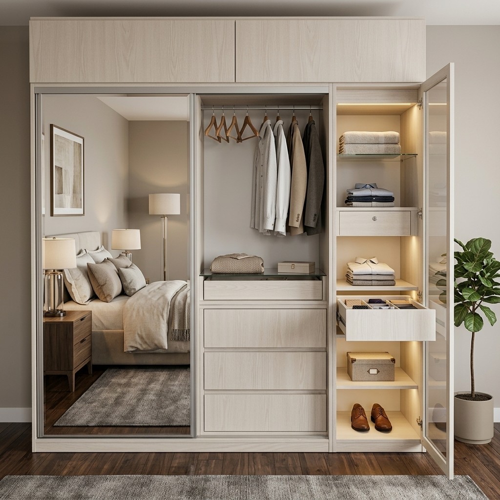 Ropero Closet Moderno 180x60x225 Cm Con Espejo Bisilado Y Melamina 18