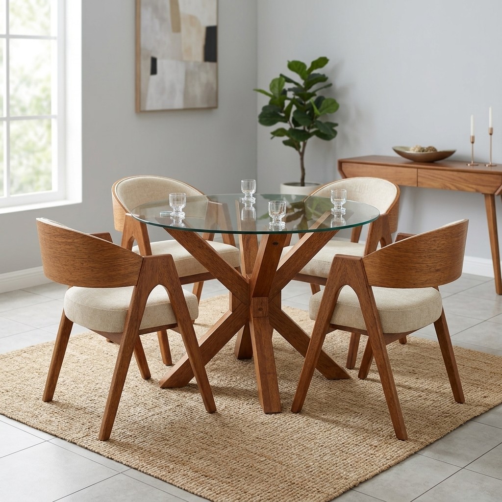 Juego De Comedor Redondo Mónaco 4 Sillas Madera Y Vidrio
