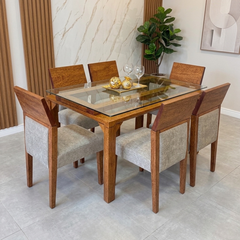 Juego de Comedor Elegance 6 Sillas de Madera y Vidrio