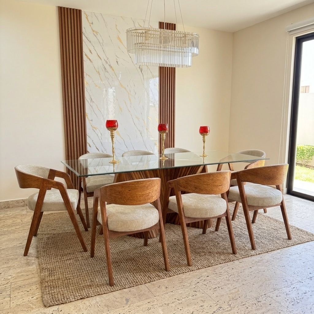 Juego de Comedor Acordeón 8 Sillas Madera y Vidrio