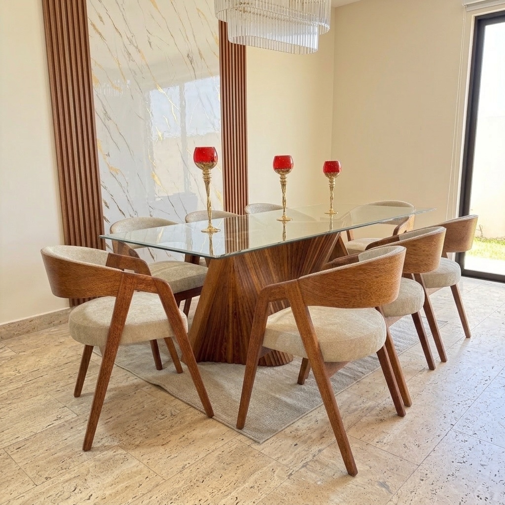 Juego de Comedor Acordeón 8 Sillas Madera y Vidrio