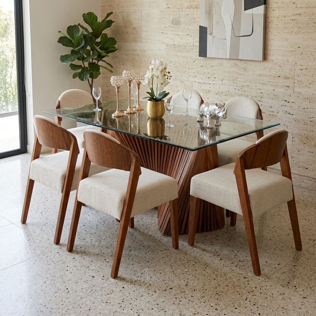 Juego De Comedor Moderno 6 Sillas Madera Y Vidrio