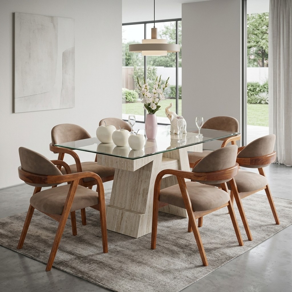 Juego De Comedor Moderno 6 Sillas Mármol Y Vidrio