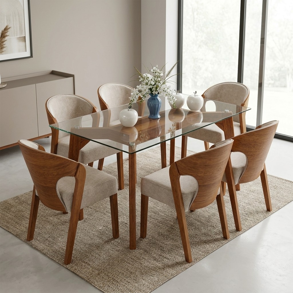 Juego De Comedor Moderno 6 Sillas En Madera Y Vidrio