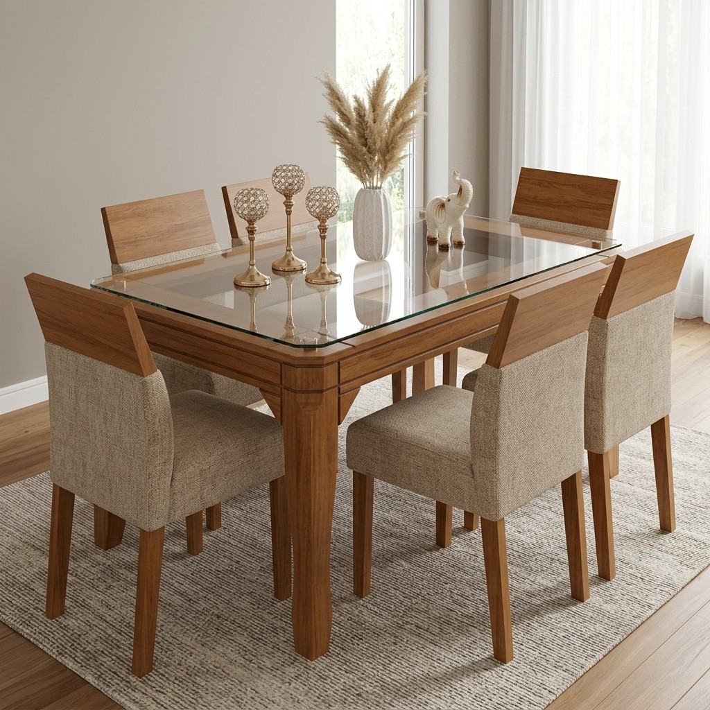 Juego de Comedor 6 Sillas Madera y Vidrio Elegante