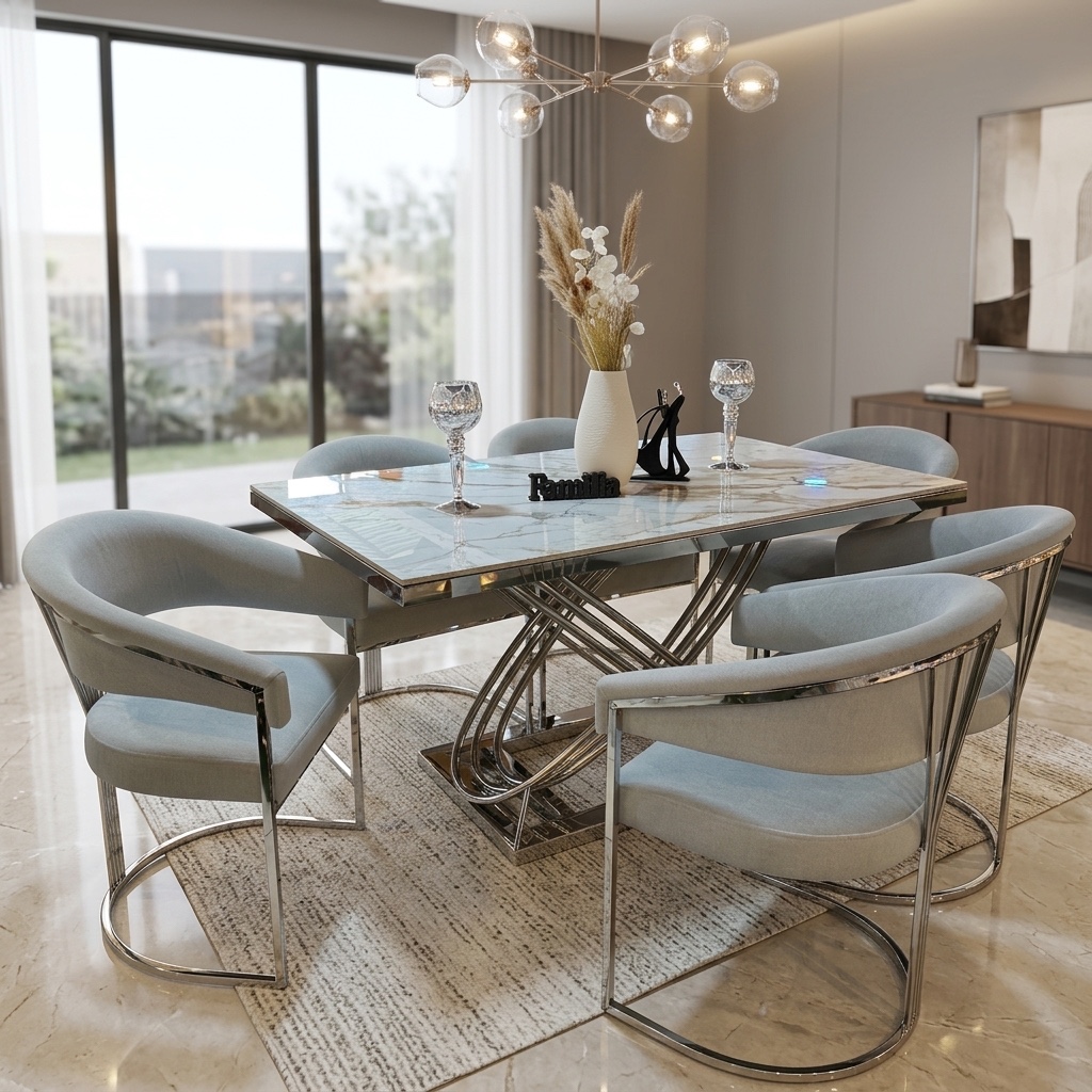 Juego de Comedor 6 Sillas Butaca Piedra Sinterizada y Acero