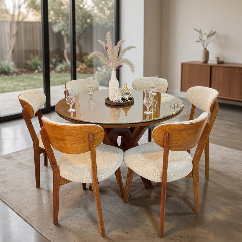 Juego de Comedor Redondo de Madera y Vidrio 6 Sillas