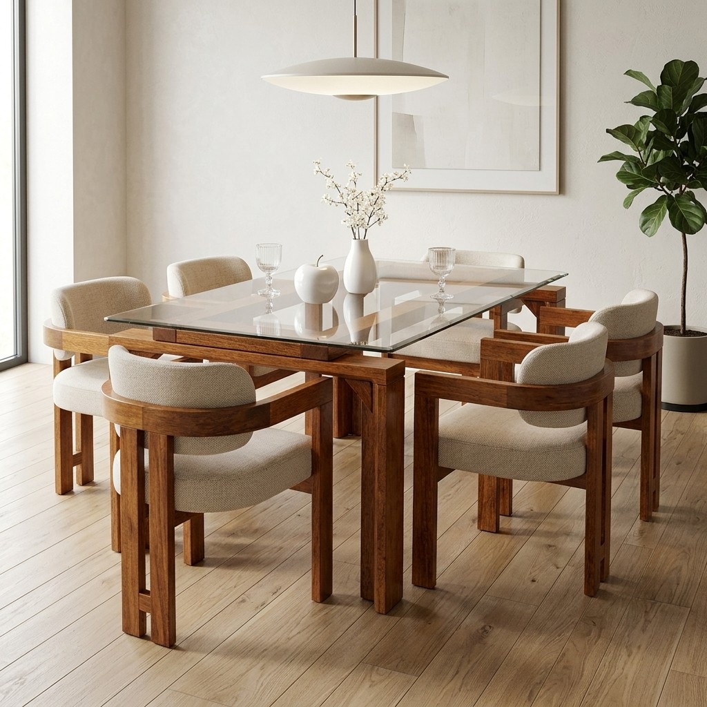 Juego de Comedor Moderno 6 Sillas en Madera y Vidrio