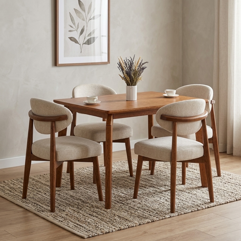 Juego De Comedor Moderno 4 Sillas Madera Y Tapiz Crema