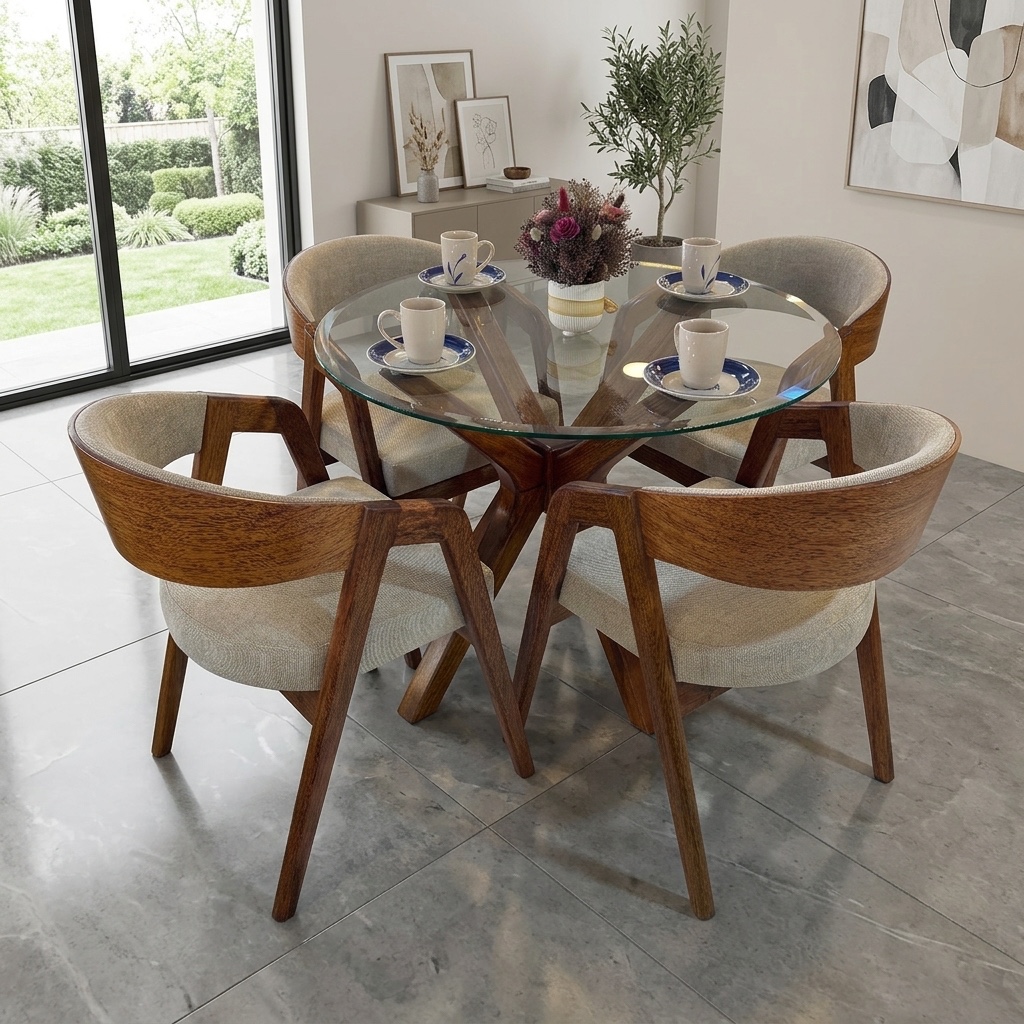Juego de Comedor Circular 4 Sillas Butaca Madera y Vidrio