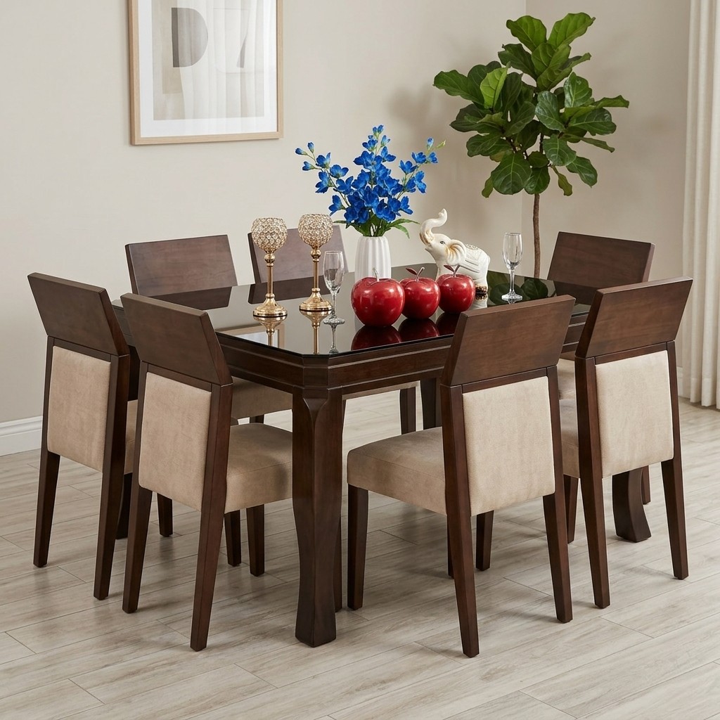 Juego De Comedor 6 Sillas Moderno Madera Y Tapiz Beige
