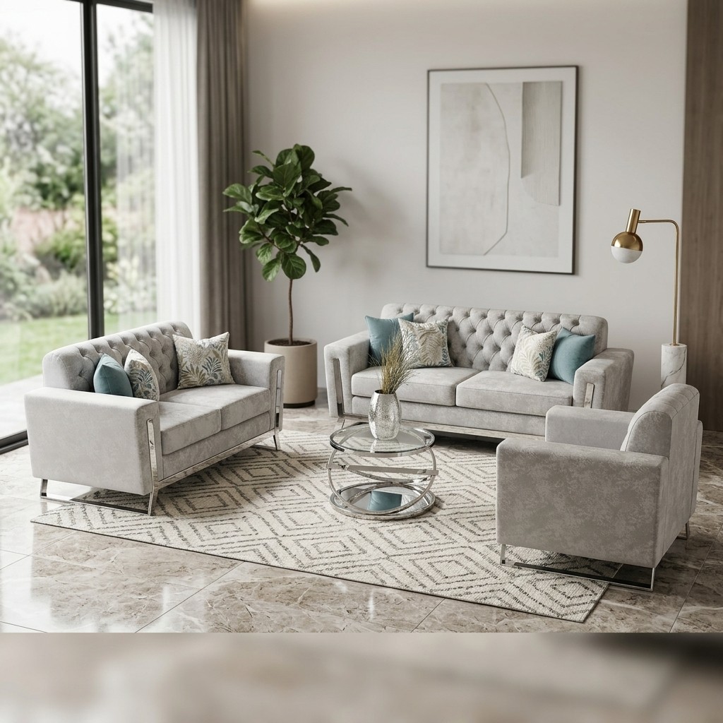 Juego De Sala 321 Ferreny Capitoneado Elegance Gris An Aplicaciónes De Acero