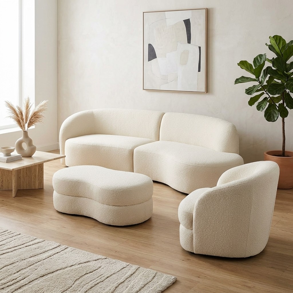 Juego de Sala Curvo Moderno 3-2-1 Bouclé Crema