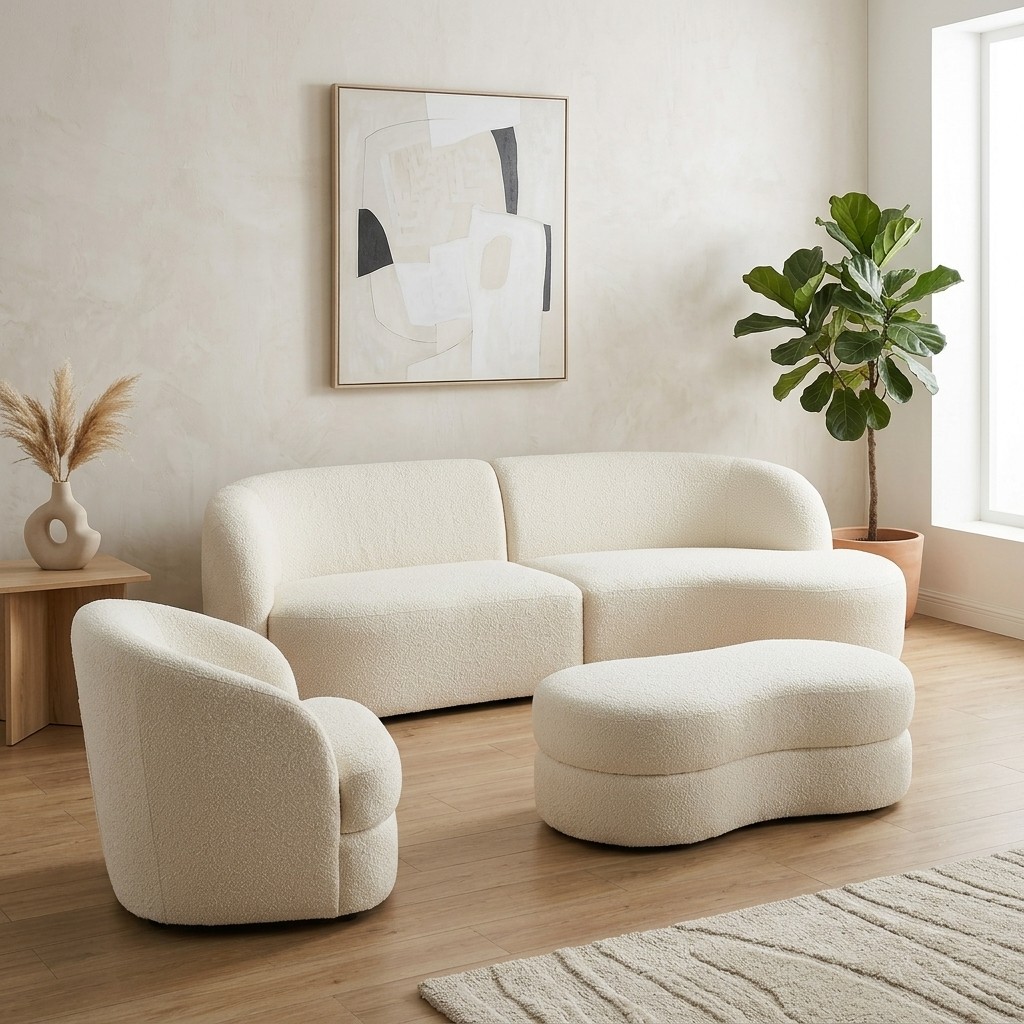 Juego de Sala Curvo Moderno 3-2-1 Bouclé Crema