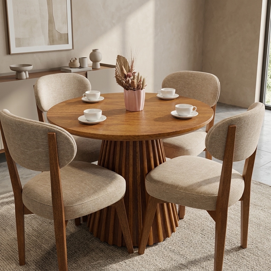 Juego de Comedor Redondo 4 Sillas Beige y Madera