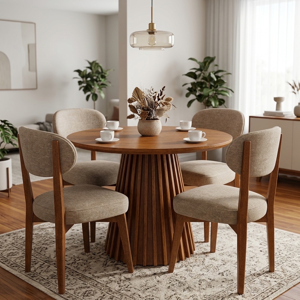 Juego de Comedor Redondo 4 Sillas Beige y Madera