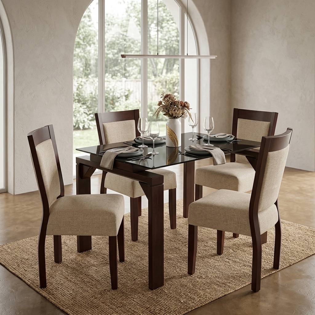 Juego de Comedor 4 Sillas Nogal con Vidrio Bronce