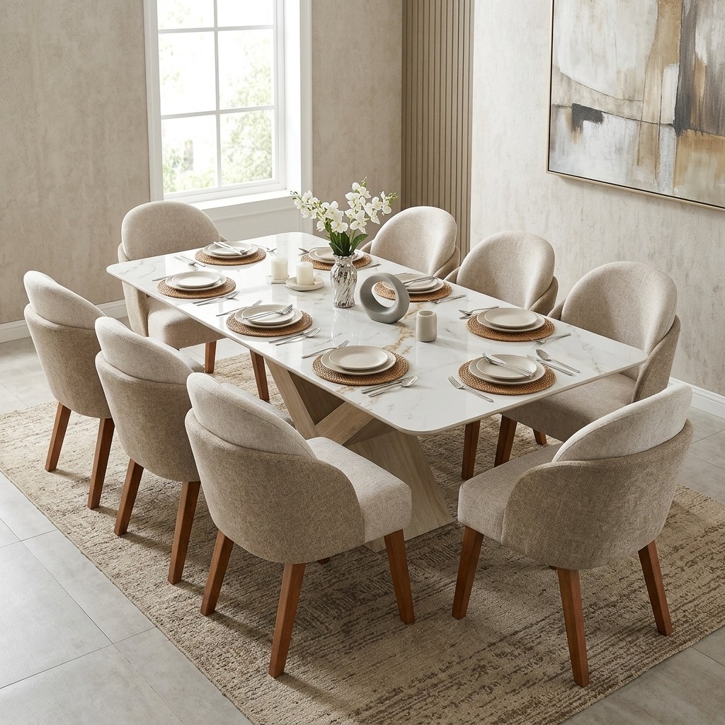 Juego De Comedor Moderno Toscana 8 Sillas Mármol Blanco