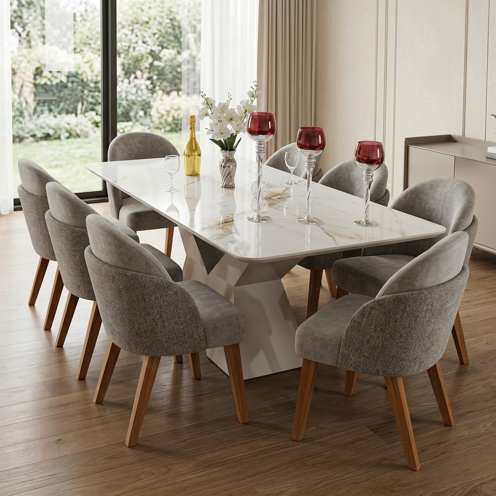 Juego De Comedor Moderno Toscana 8 Sillas Mármol Blanco