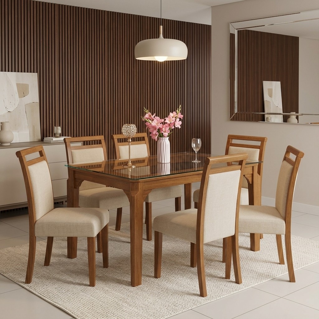 Juego De Comedor Moderno 6 Sillas Madera Y Vidrio