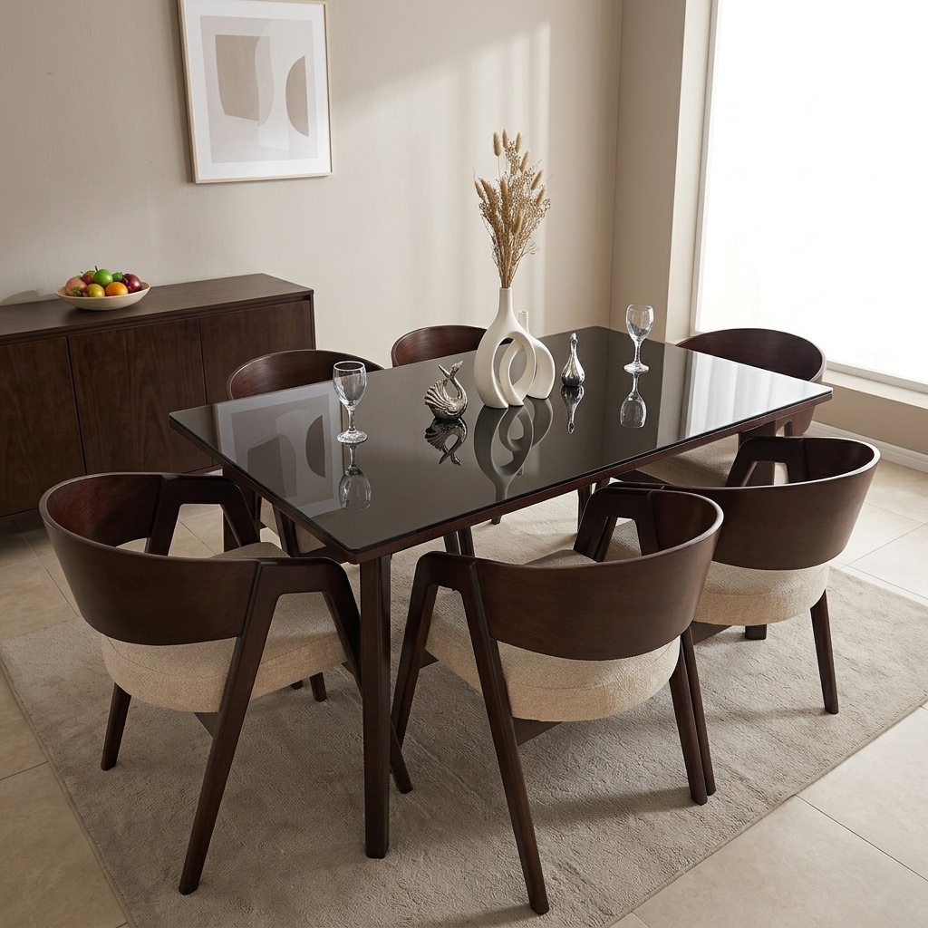 Juego De Comedor 6 Sillas Nogal Con Tablero De Madera Más Vidrio