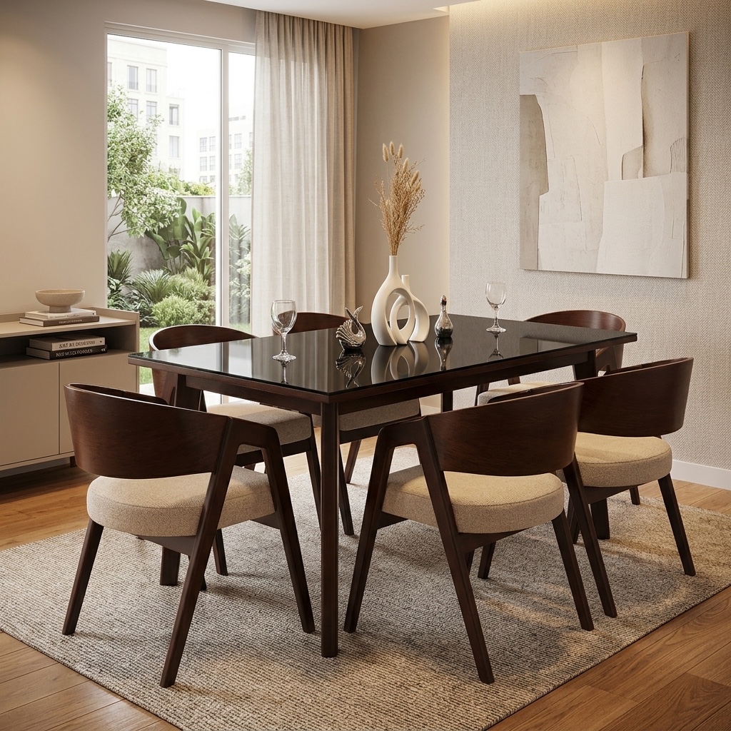 Juego De Comedor 6 Sillas Nogal Con Tablero De Madera Más Vidrio