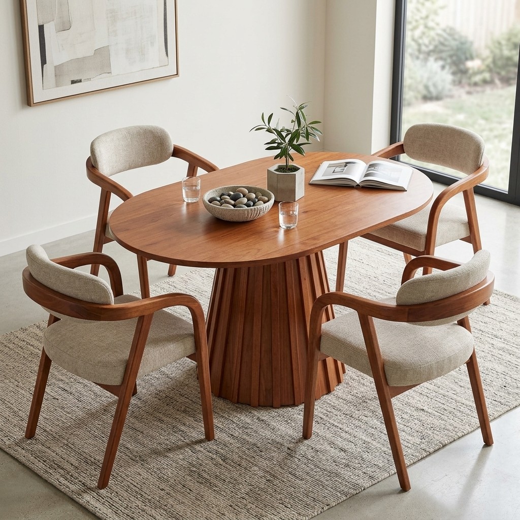Juego De Comedor Ovalado De Madera 4 Sillas Beige