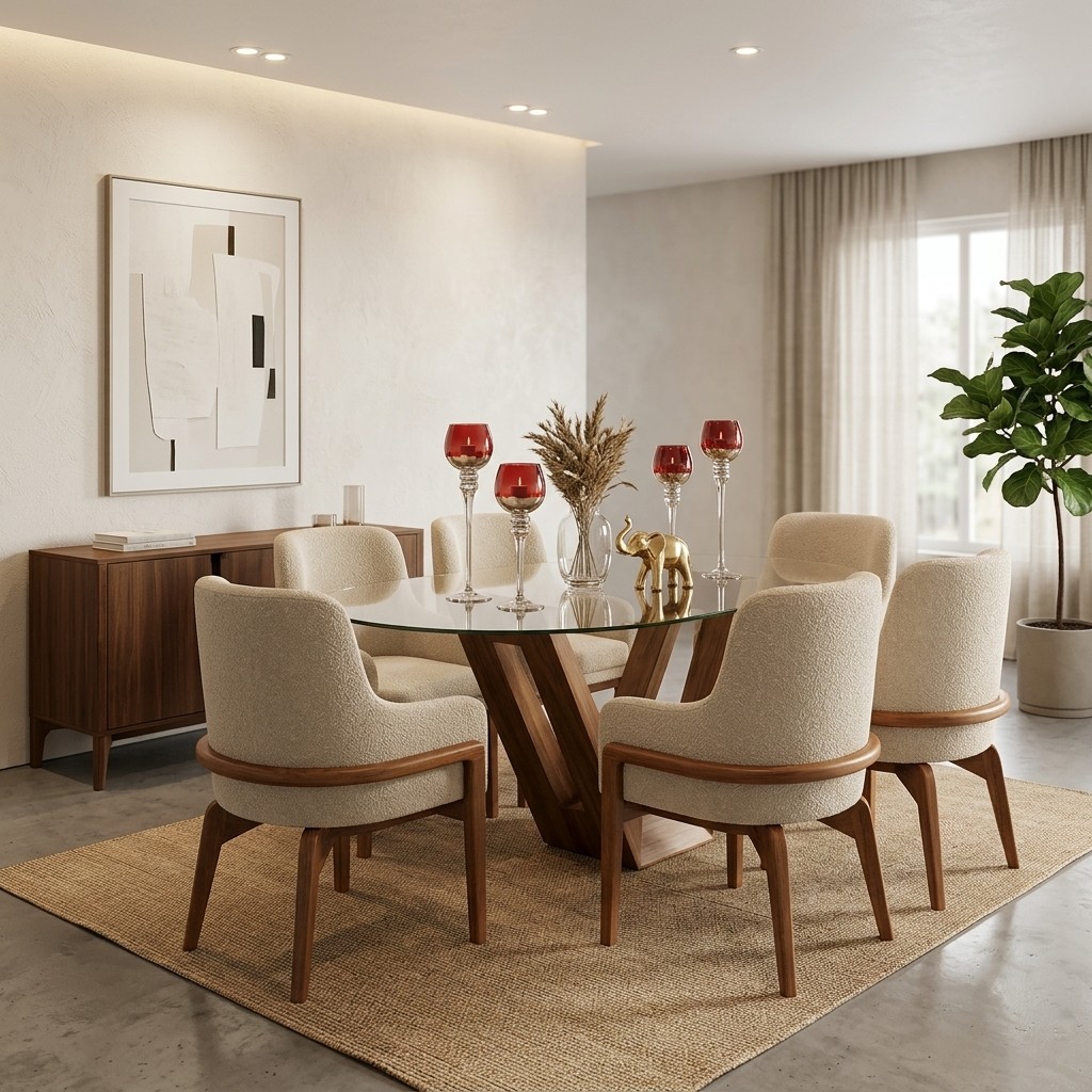Juego De Comedor Ovalado De Vidrio Y 6 Sillas Beige