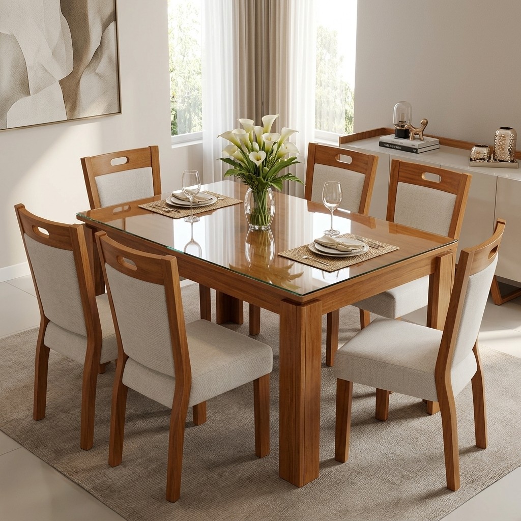 Juego De Comedor 6 Sillas De Madera Con Vidrio