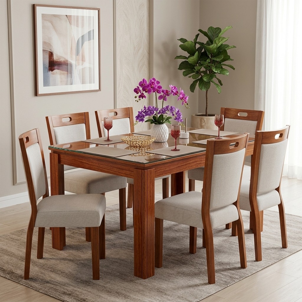 Juego De Comedor 6 Sillas De Madera Con Vidrio