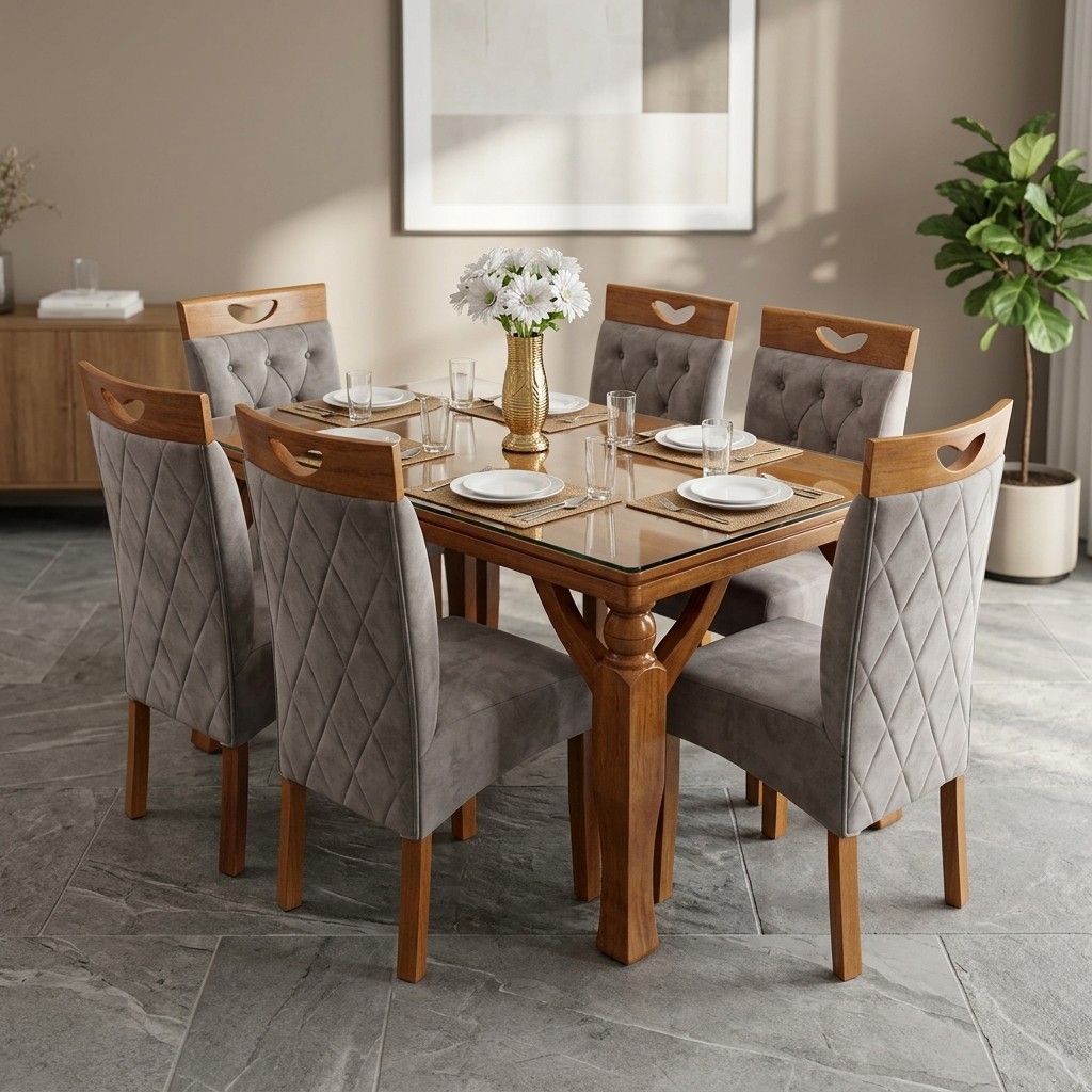 Juego de Comedor 6 Sillas Elegance Madera y Tapiz Gris