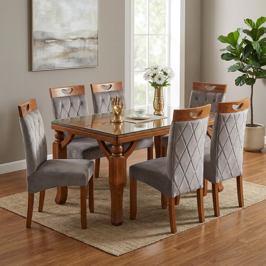Juego de Comedor 6 Sillas Elegance Madera y Tapiz Gris