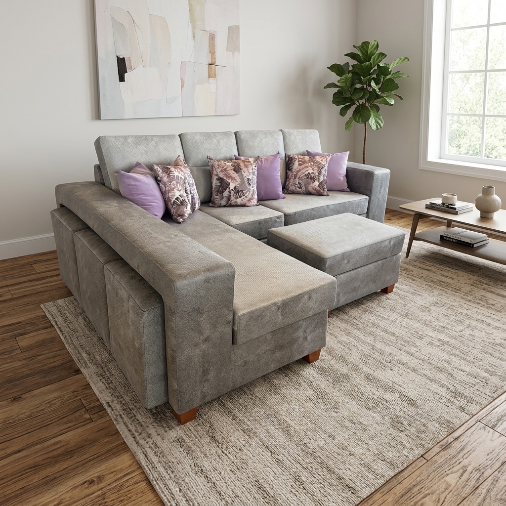 Juego de Sala Seccional Moderno con Puff Gris