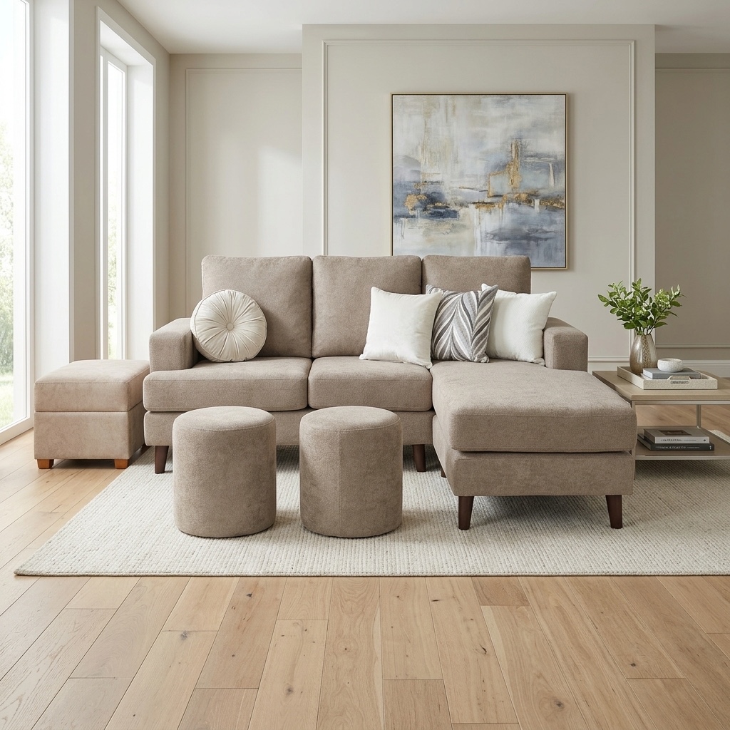 Juego de Sala Seccional Compacto Beige con Puffs