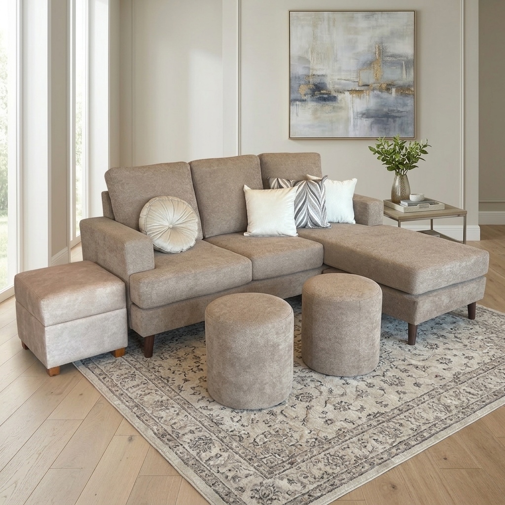 Juego de Sala Seccional Compacto Beige con Puffs
