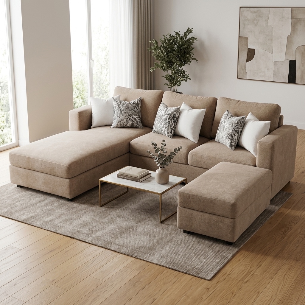 Juego de Sala Seccional Moderno Beige con Otomana