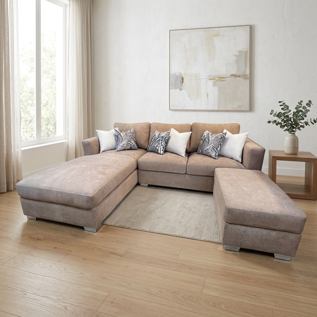 Juego de Sala Seccional Moderno Beige con Otomana