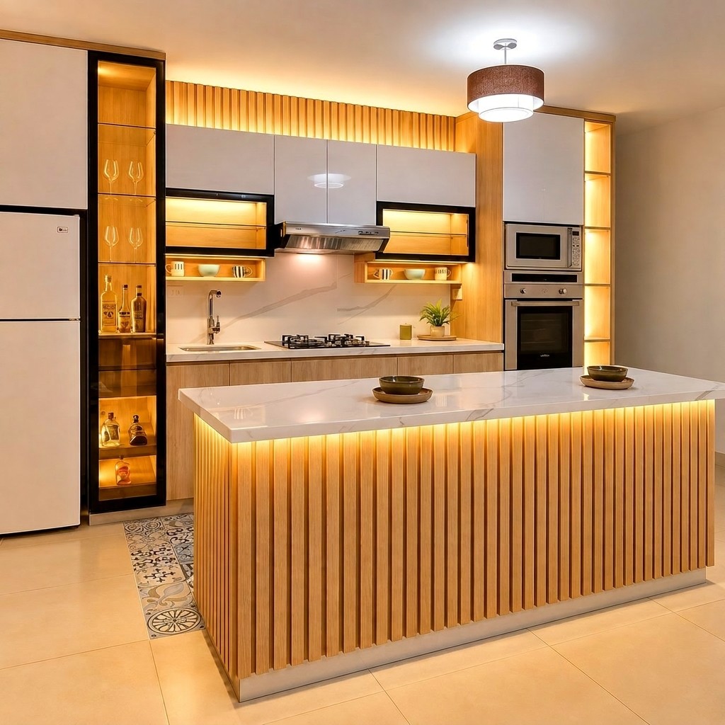 Cocina Integral Moderna con Isla y Acabado Palillero