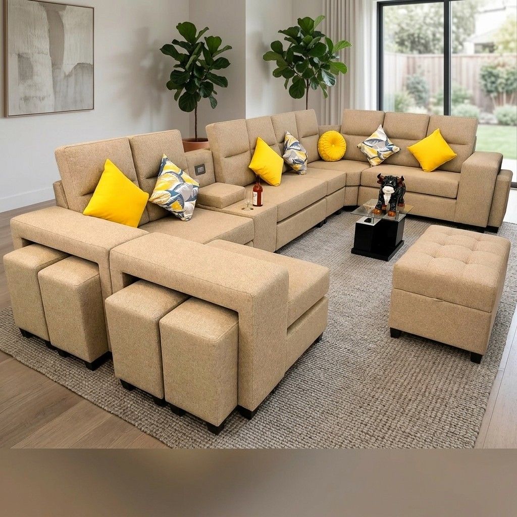Juego De Sala Modular Seccional Europeo Con Puffs Beige