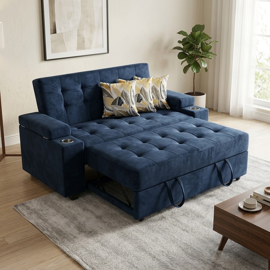 Sofá Cama Multifuncional Azul con Posavasos