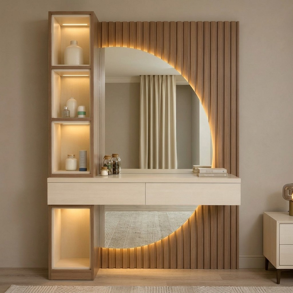 Tocador Moderno de Pared con Espejo LED y Panel Acanalado