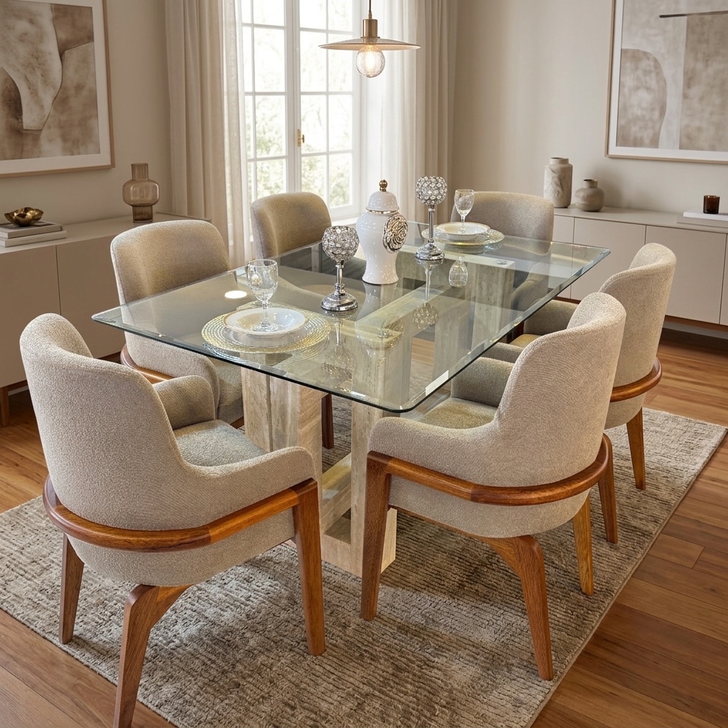 Juego de Comedor 6 Sillas Butaca Base Mármol y Vidrio