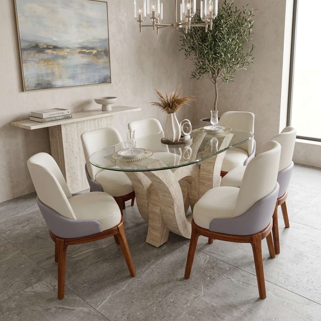 Juego de Comedor 6 Sillas Base Mármol y Tapiz Pranna