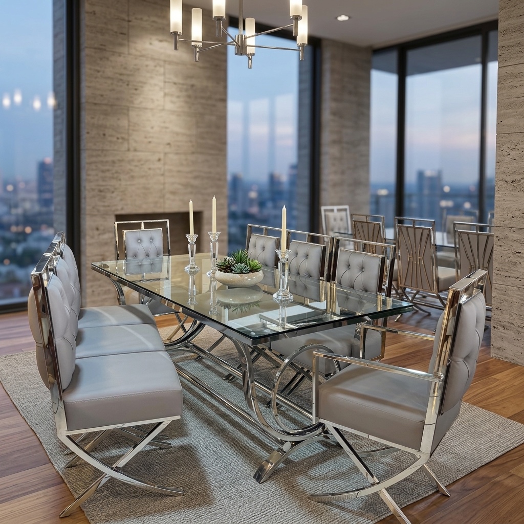 Juego de Comedor 8 Sillas Acero Inoxidable y Vidrio 2x1m