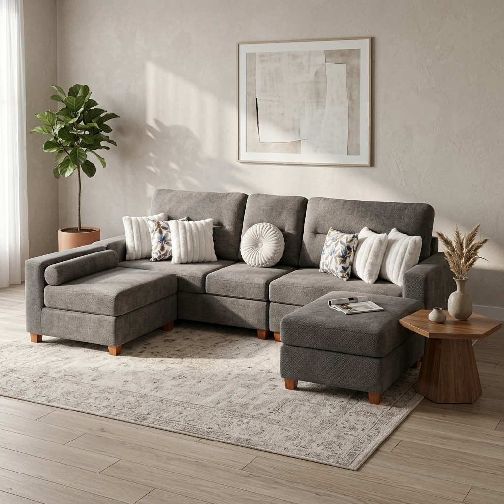 Sofá Seccional Modular Multifuncional Gris con Otomán