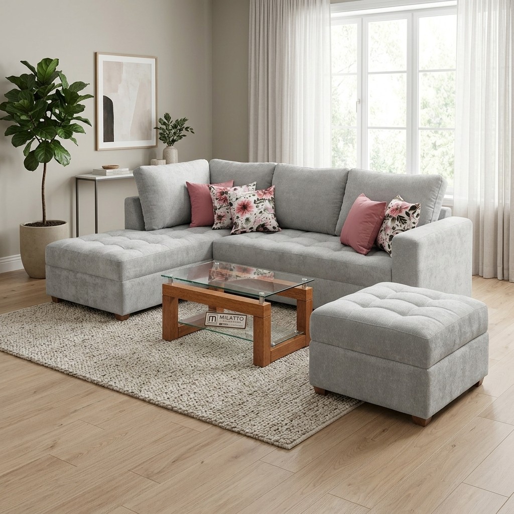 Juego De Sala Seccional Emma Con Baúl Gris