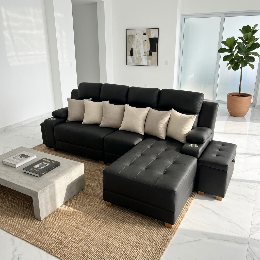 Seccional de Cuero Negro con Posavasos y Otomana