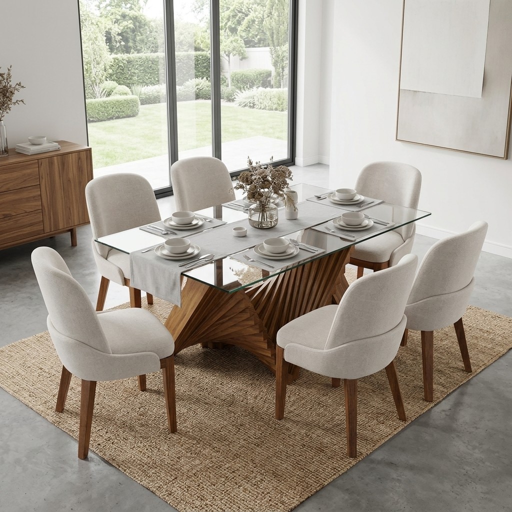 Juego de Comedor 6 Sillas Base Escultural y Vidrio