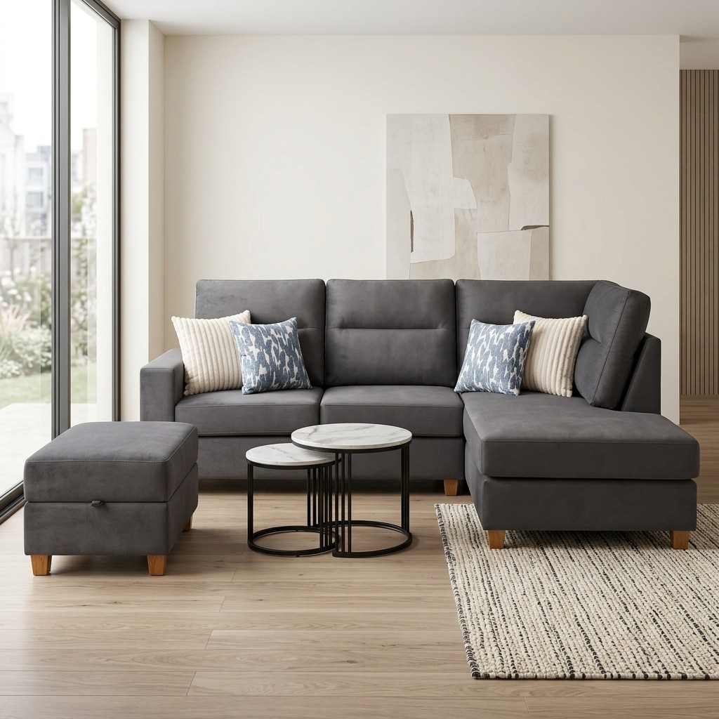 Juego De Sala Seccional Gris Con Chaise Longue Y Otomán