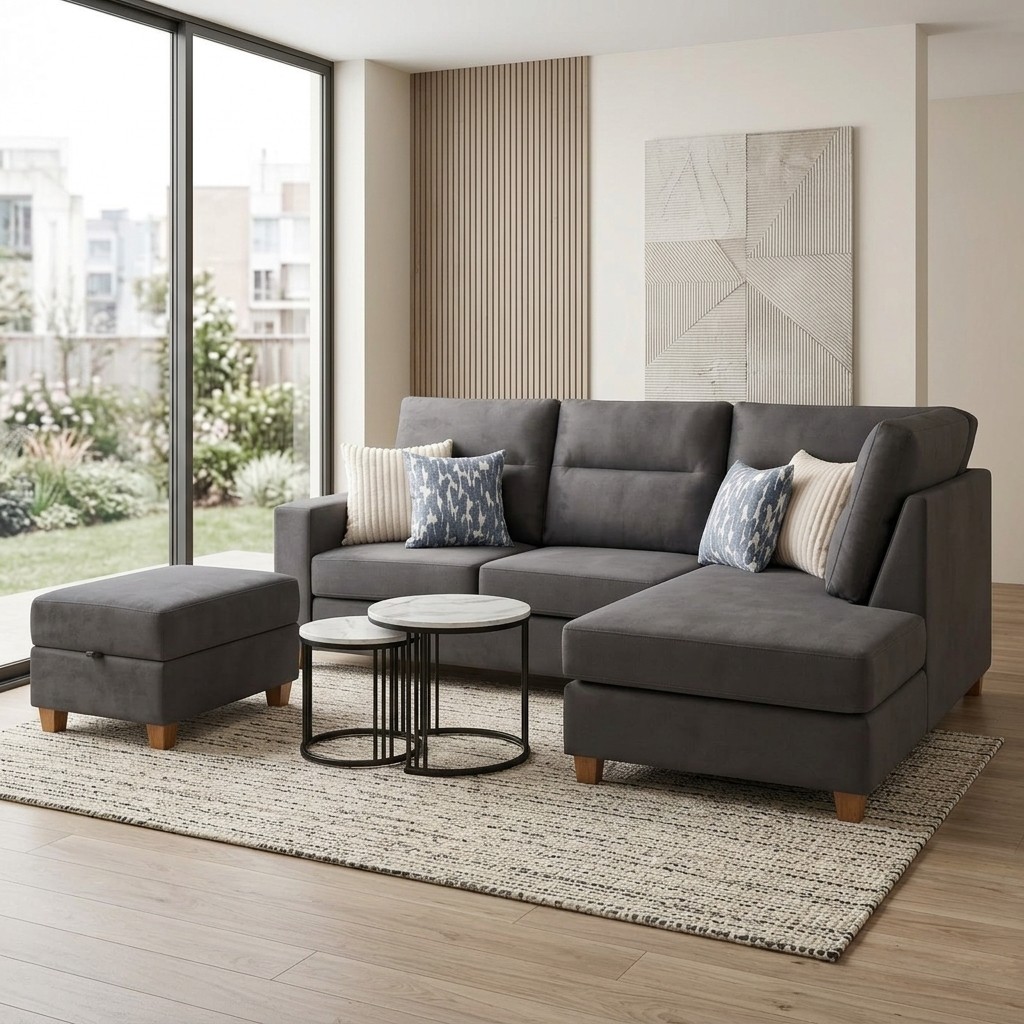 Juego De Sala Seccional Gris Con Chaise Longue Y Otomán